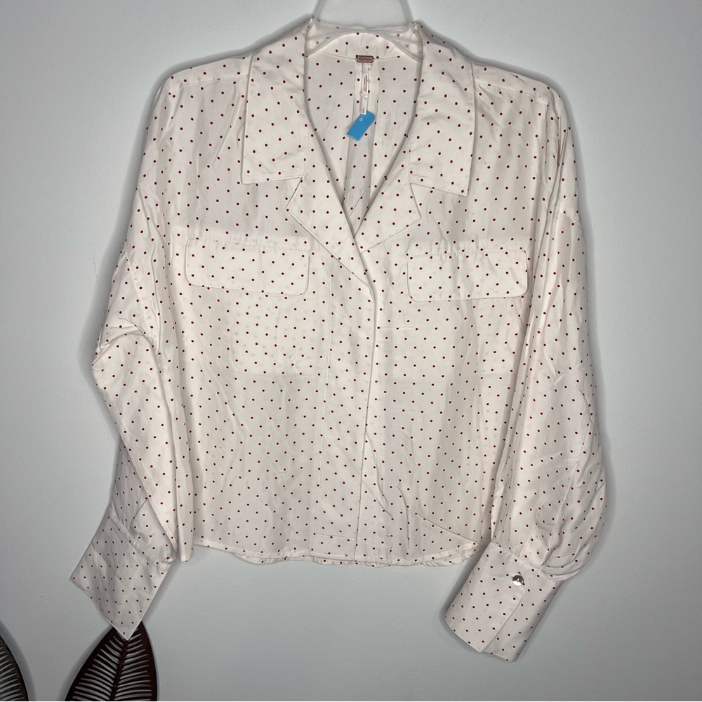 M19 Free People White Red Silk Polka Dot Button‎ Down Shirt
